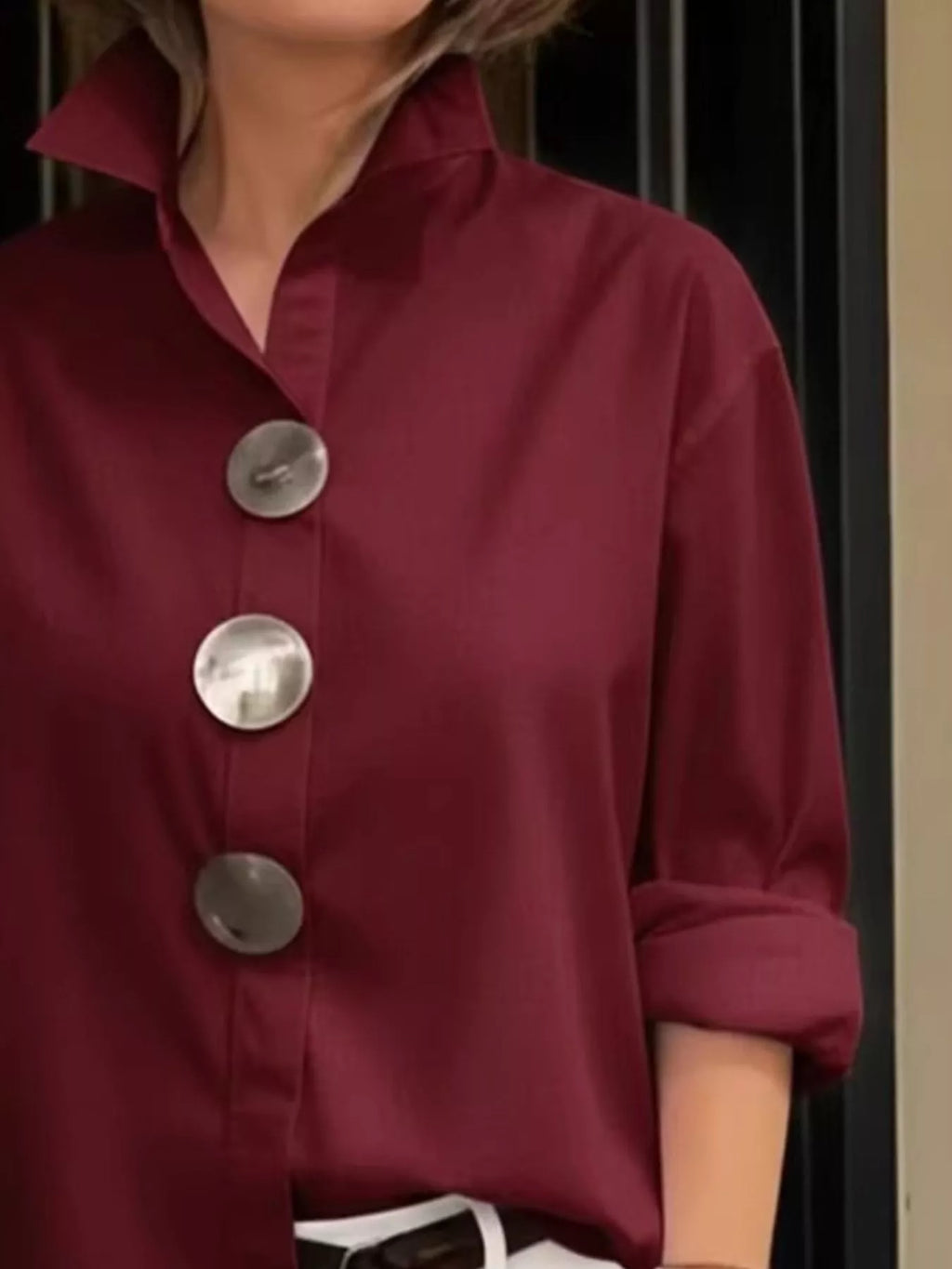Full Size Oversized Metal Button Long Sleeve Shirt Plus Size - Lilixa.store