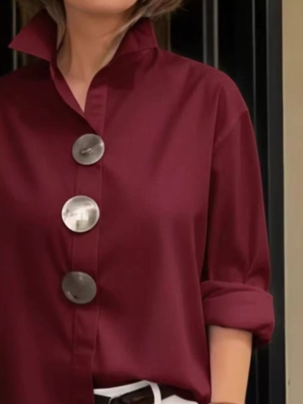 Full Size Oversized Metal Button Long Sleeve Shirt Plus Size - Lilixa.store