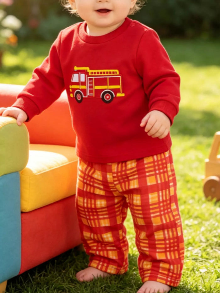 Children's Fire Truck Embroidered Top and Pants Set - Lilixa.store