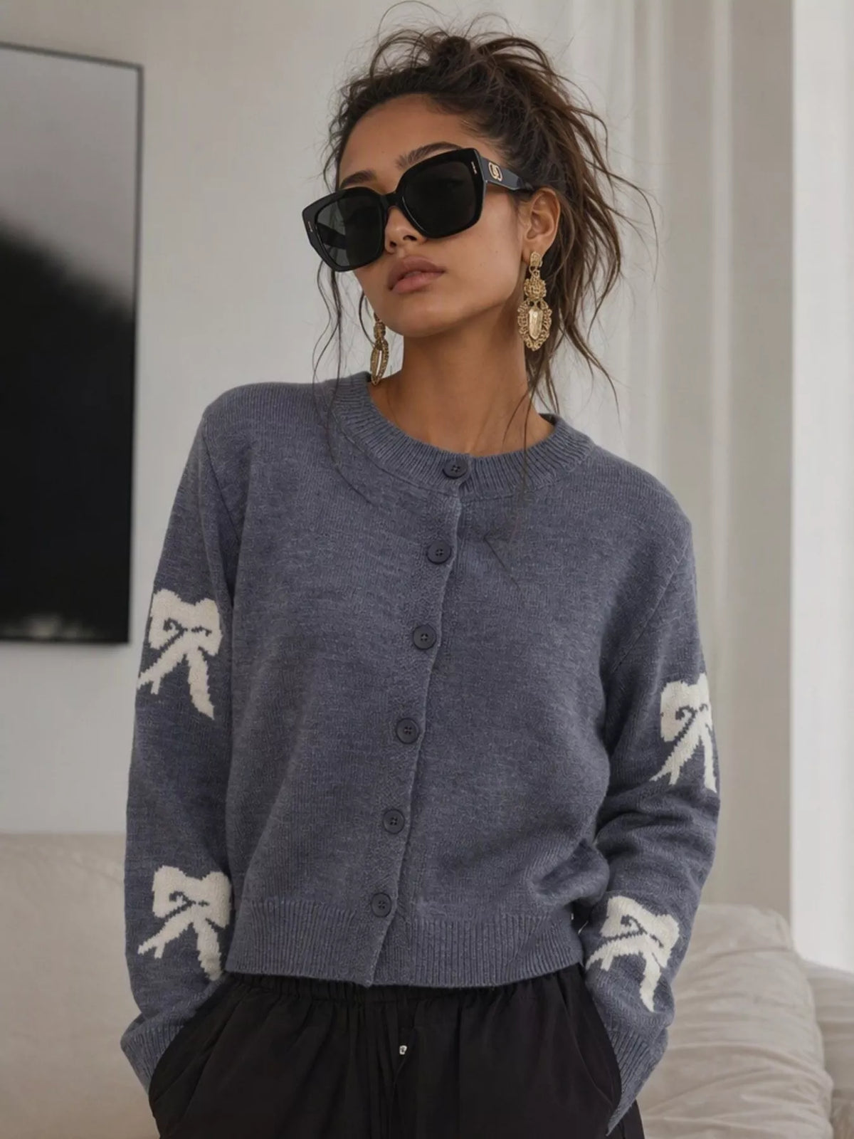 Floral Crew Neck Cropped Knit Cardigan, view 11