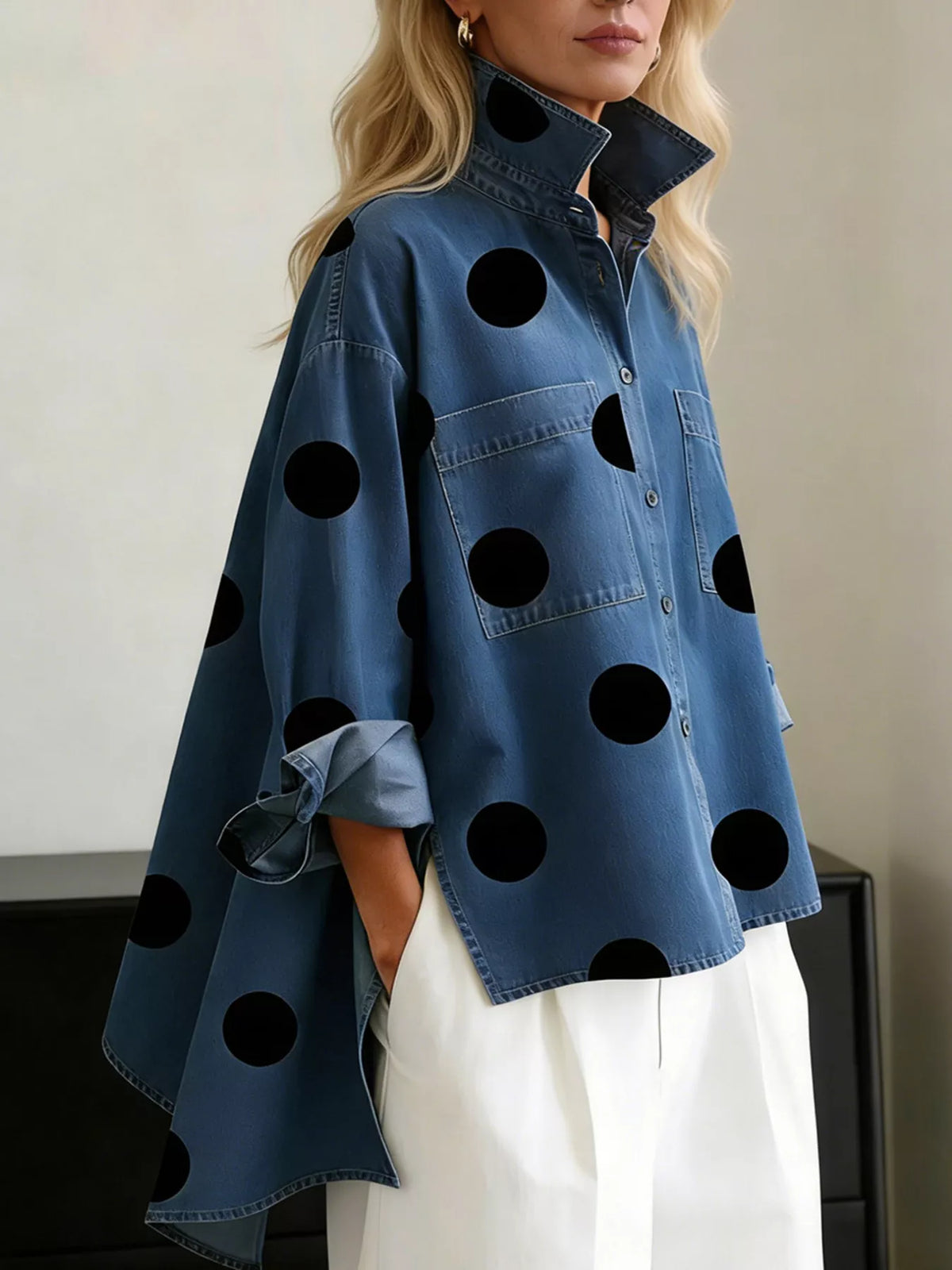 Full Size Polka Dot Oversized Denim Look Shirt Plus Size