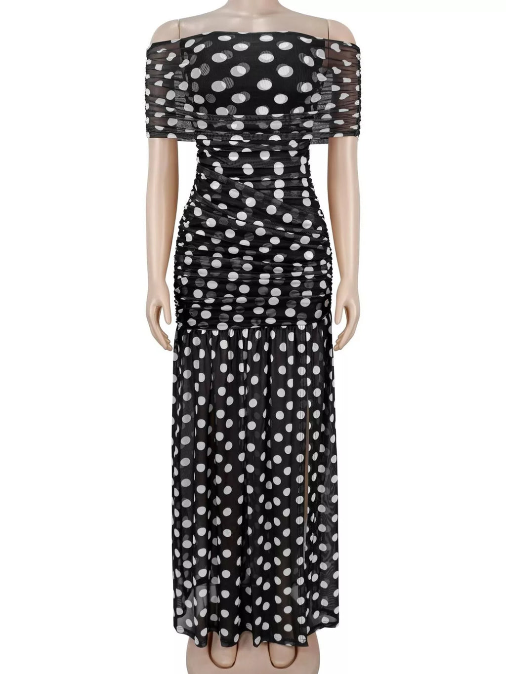 Polka Dot Off Shoulder Slit Maxi Dress - Lilixa.store