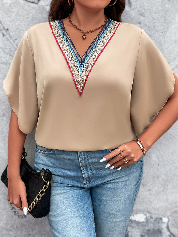 Honey Plus Size V-Neck Flutter Sleeve Blouse in Tan