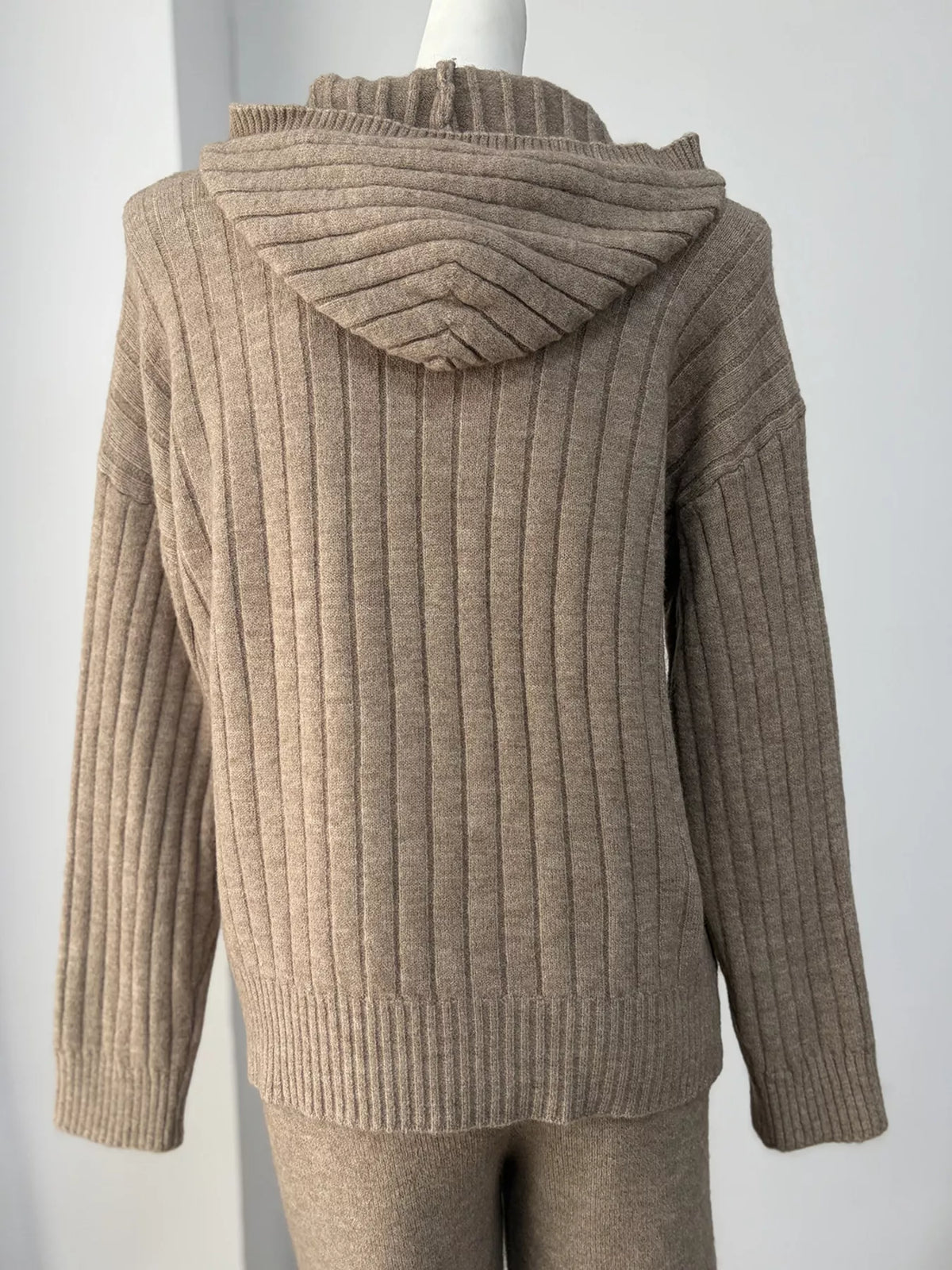 Cozy Ribbed Knit Zip-Up Hoodie and Wide-Leg Pants Sweater Set, view 6