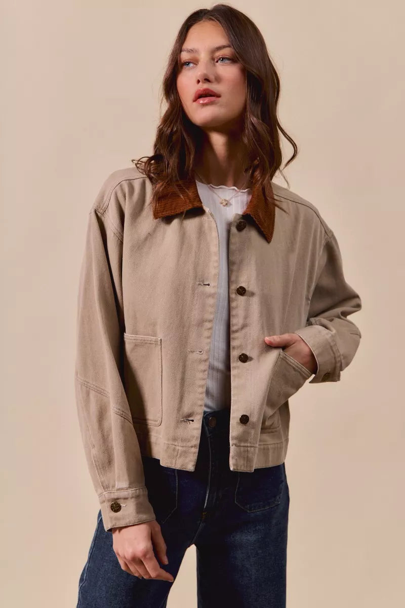SO ME Cotton Twill Cropped Barn Jacket wtih Collar in Taupe, view 8