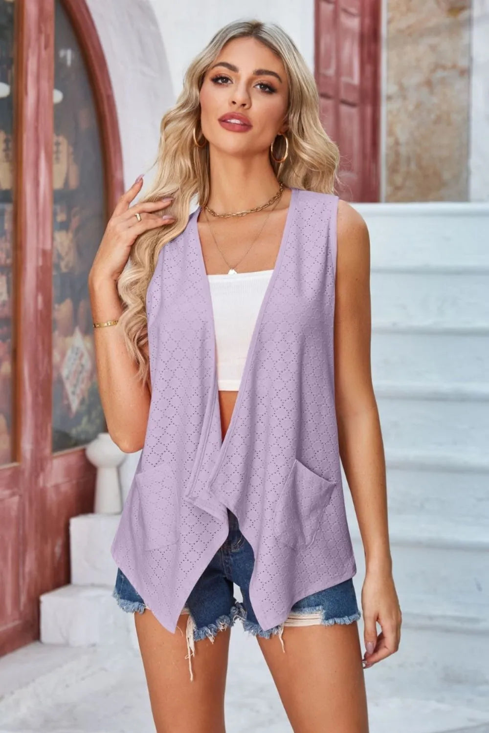 Eyelet Open Front Sleeveless Cardigan - Lilixa.store