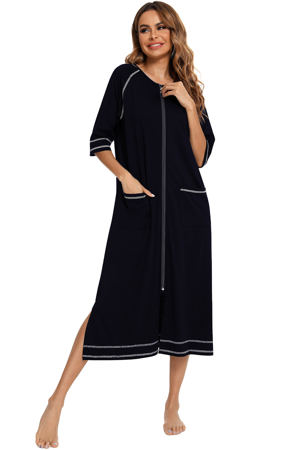 Zip Up Slit Round Neck Night Dress with Pockets - Lilixa.store