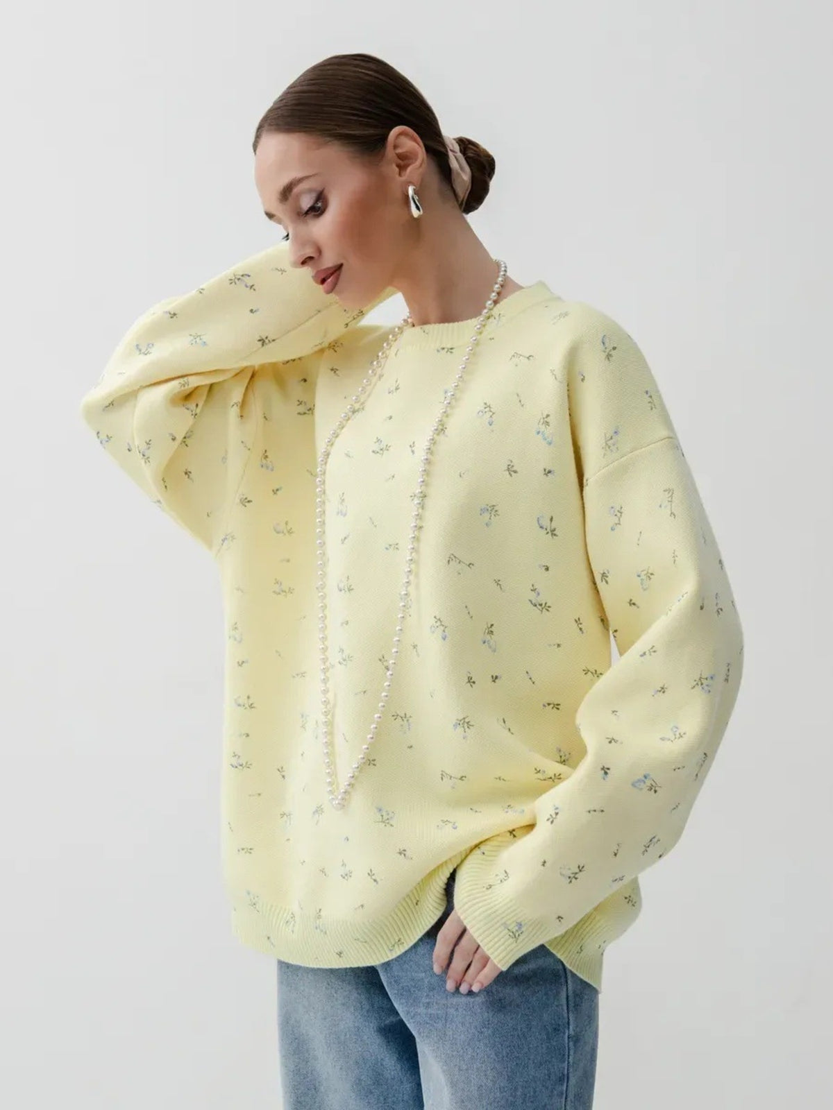 Floral Dropped Shoulder Oversized Sweater in Yellow