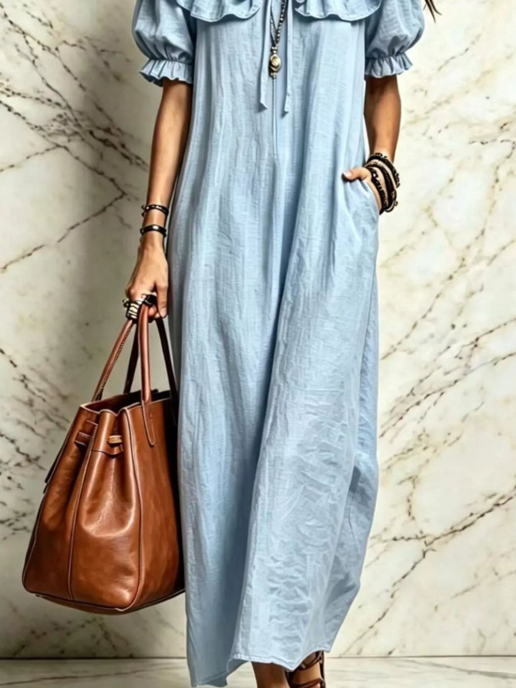 Ruffle Trim Puff Sleeve Maxi Dress - Lilixa.store
