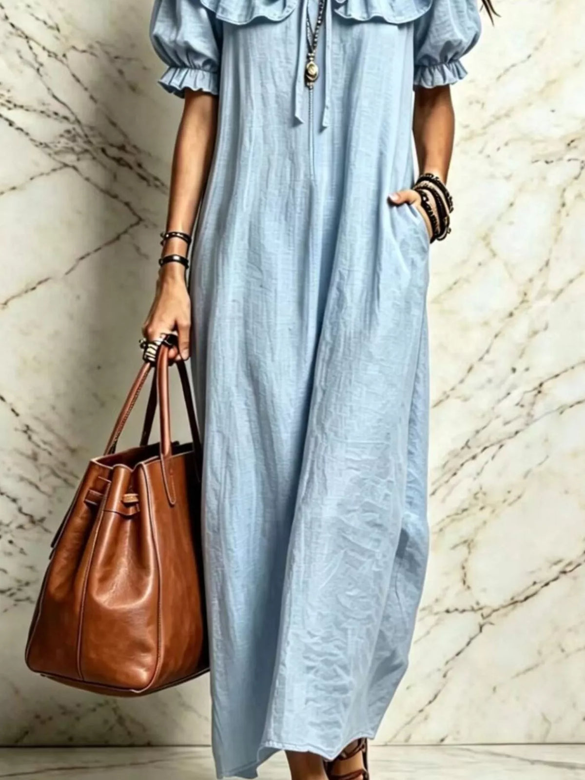 Ruffle Trim Puff Sleeve Maxi Dress - Lilixa.store