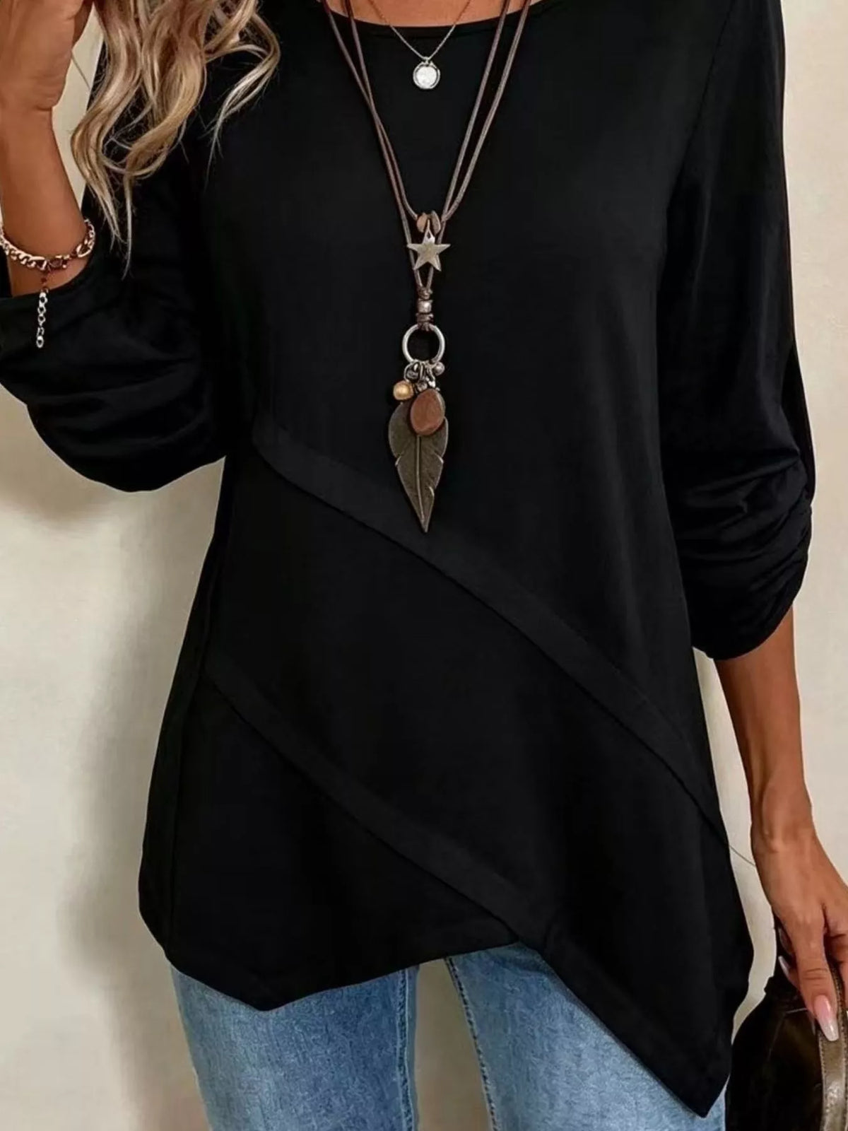 Asymmetrical Hem Solid Color Linen Blouse, view 7