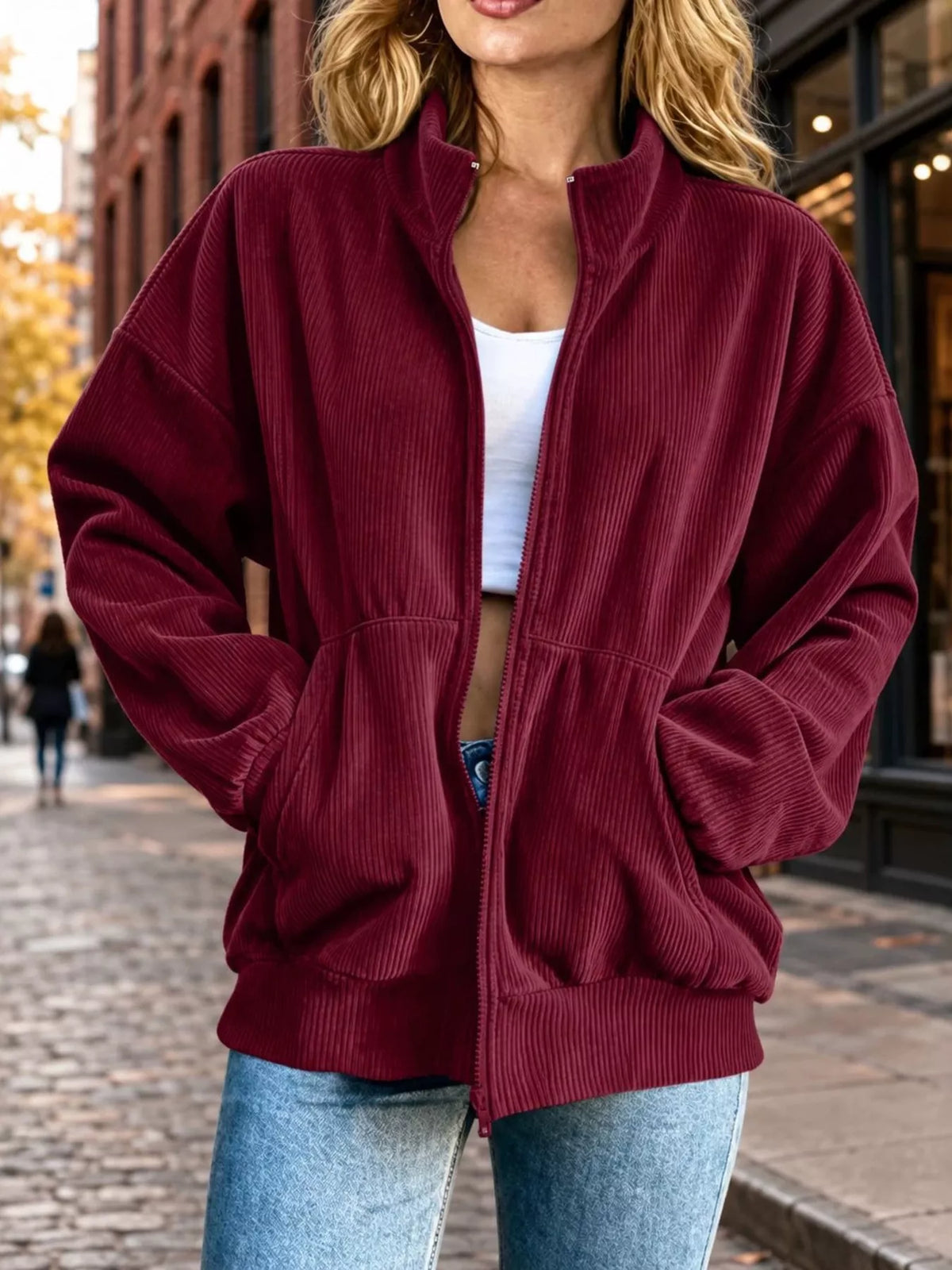 Corduroy Zip-Up Dropped Shoulder Jacket in Red