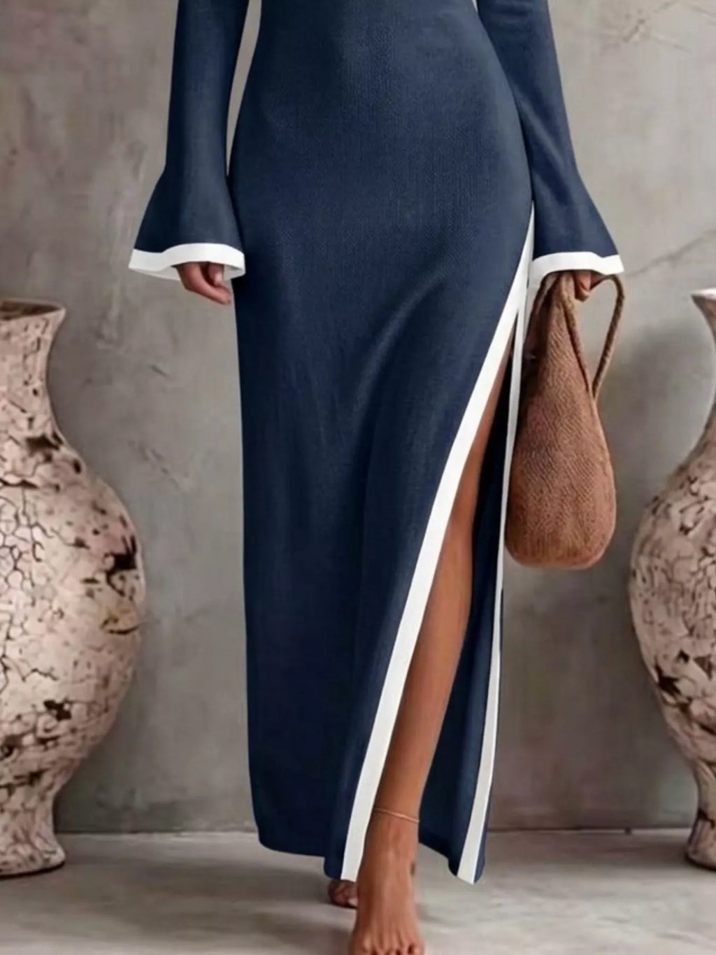 Slit One-Shoulder Contrast Trim Maxi Dress - Lilixa.store