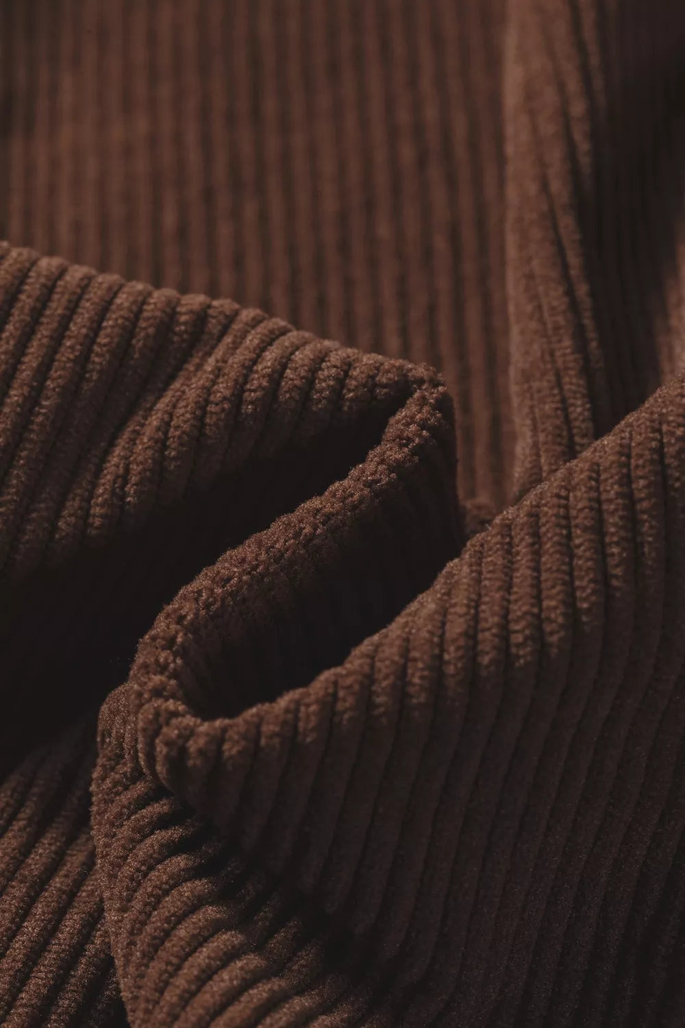 Solid Color Ruffle Trim V Neck Long Sleeve Button Corduroy Shakcet in Dark Brown, view 9