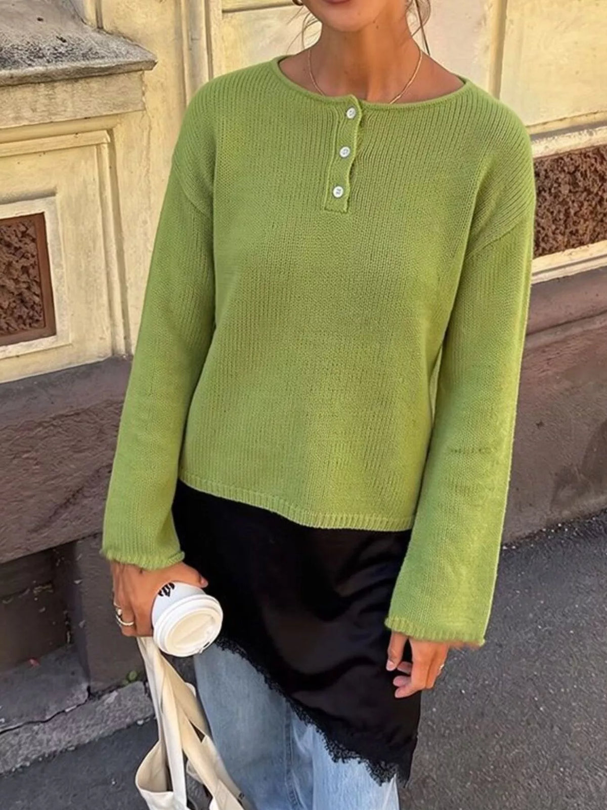Button-Placket Round Neck Drop Shoulder Knit Top in Green