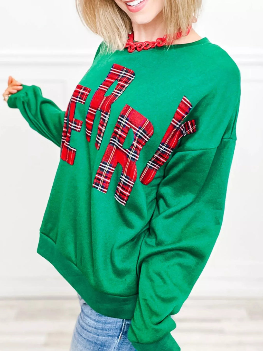 Plaid Letter Graphic Round Neck Sweatshirt - Lilixa.store