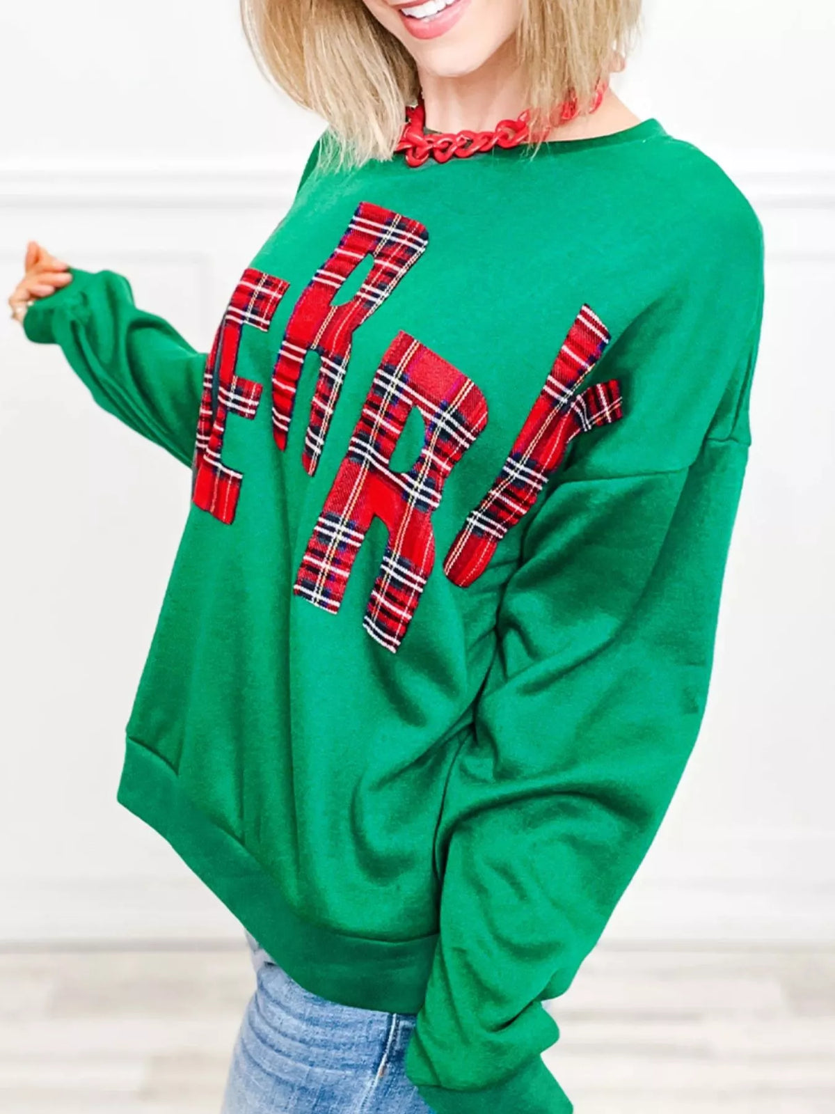 Plaid Letter Graphic Round Neck Sweatshirt - Lilixa.store