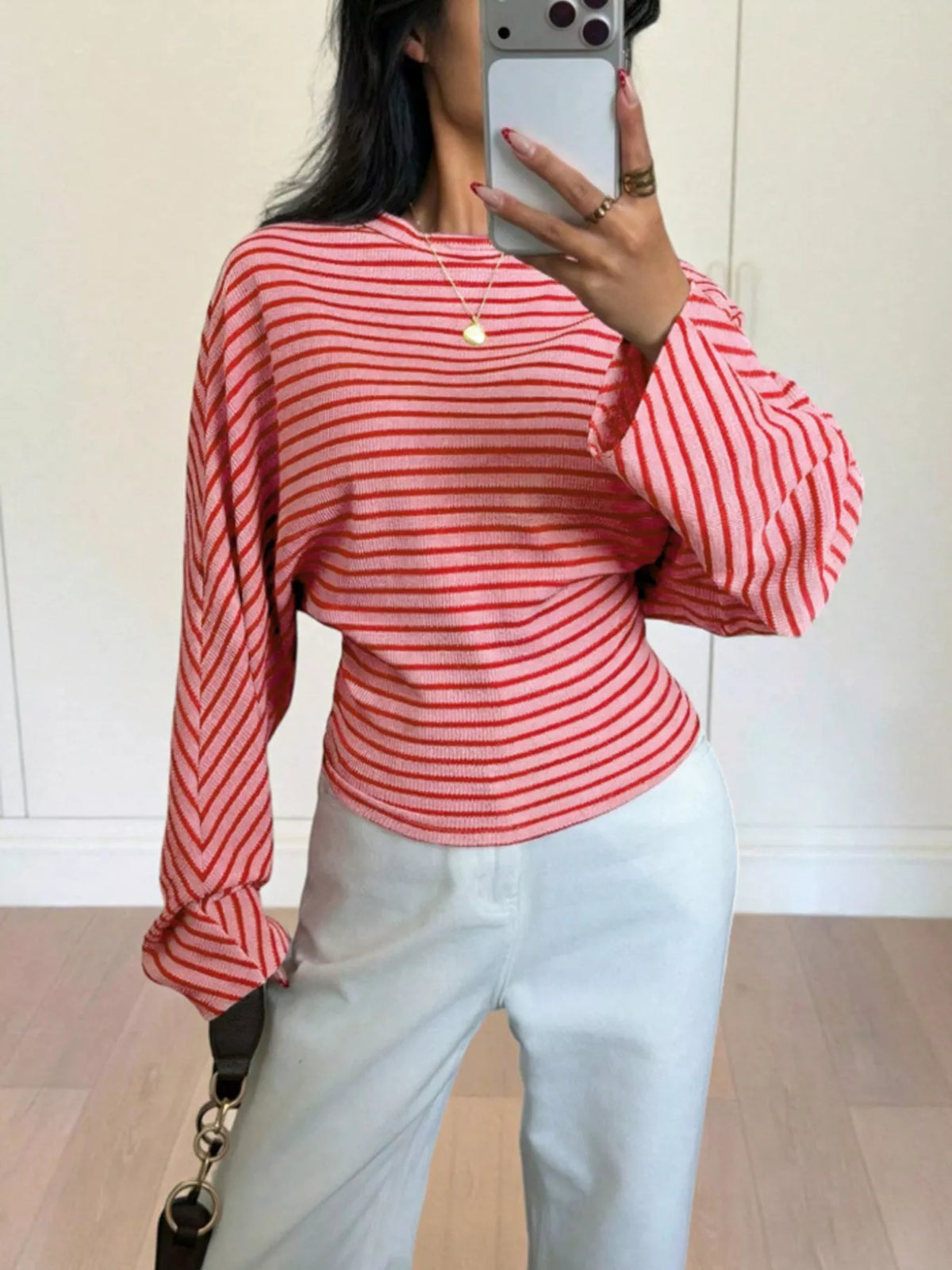 Casual Striped Long Sleeve Batwing T-Shirt in Pink