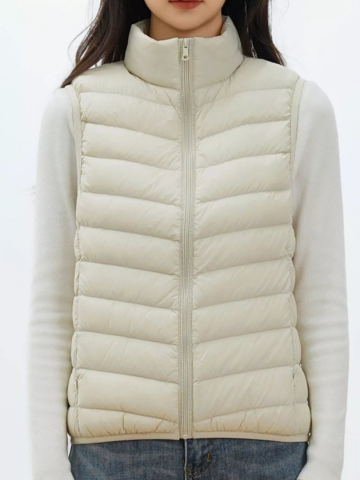 Quilted Zip Up Turtleneck Vest Coat in Ivory, view 2