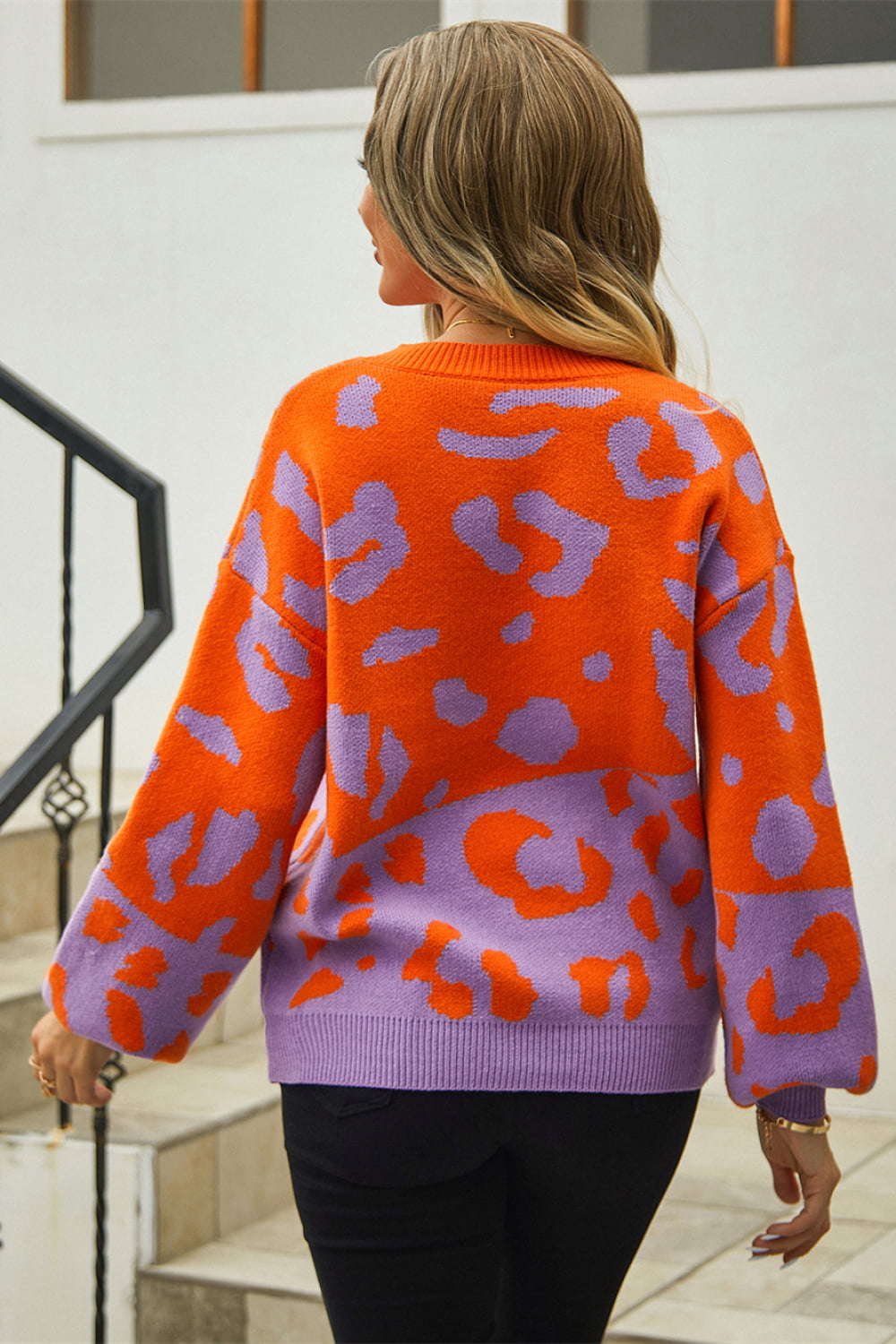 Angel Wings Woven Right Leopard Round Neck Dropped Shoulder Sweater, view 8