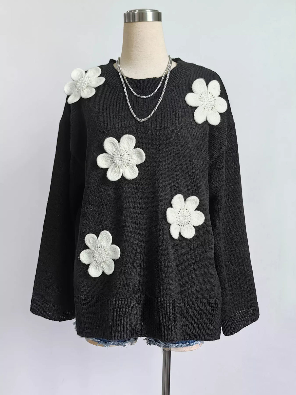 Floral Applique Crew Neck Sweater - Lilixa.store
