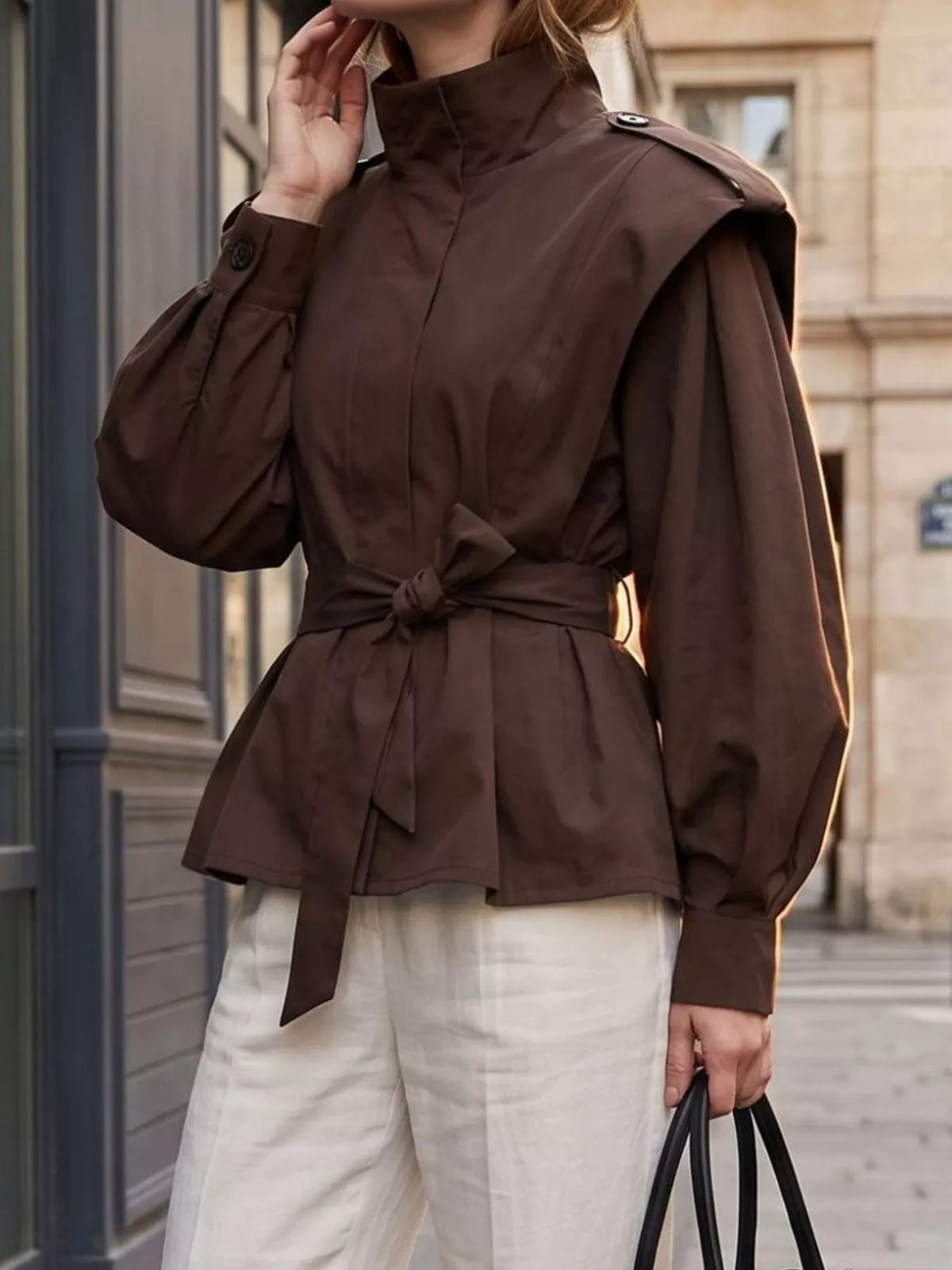 Stand-Collar Belted Outerwear - Lilixa.store