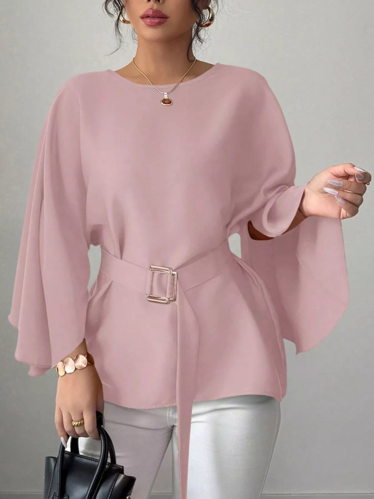 Round Neck Belt Batwing Sleeve Blouse - Lilixa.store