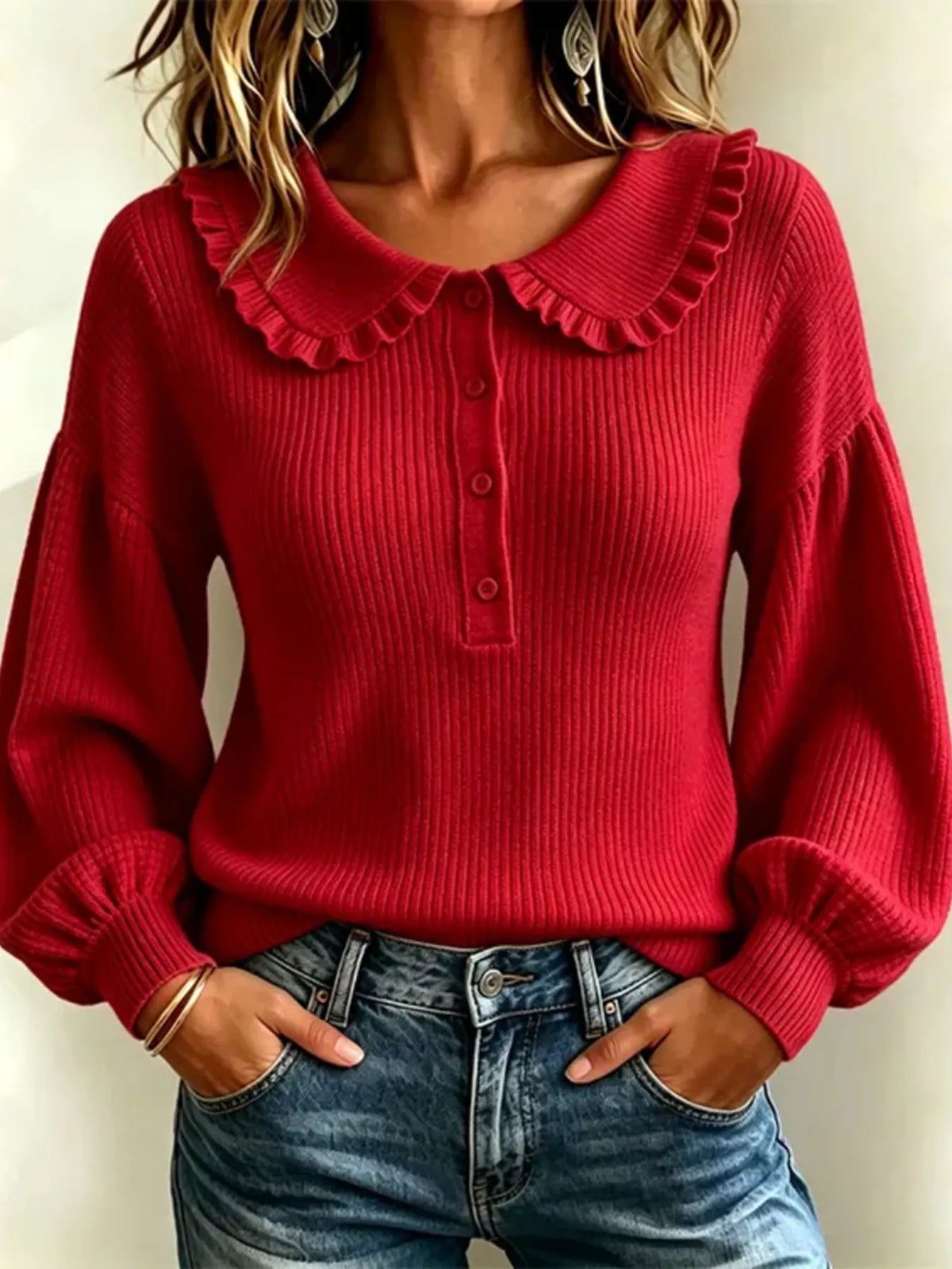 Full Size Ruffle Collar Button Detail Sweater Plus Size