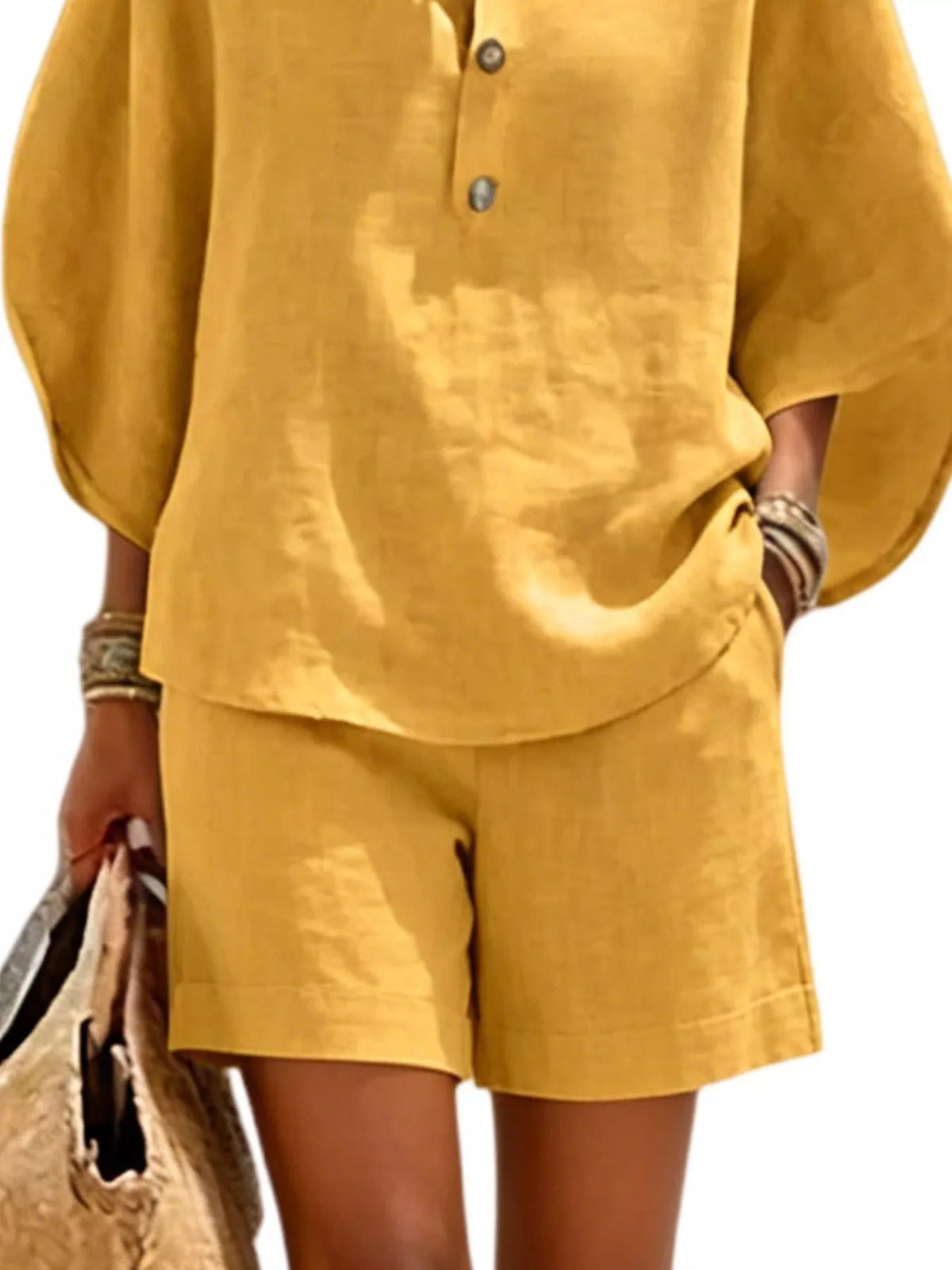 Full Size Button Detail Loose Fit Top and Shorts Set Plus Size