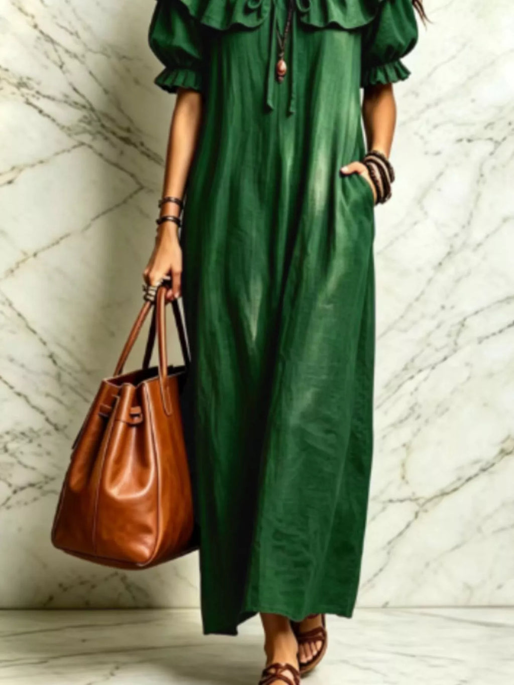 Ruffle Trim Puff Sleeve Maxi Dress - Lilixa.store
