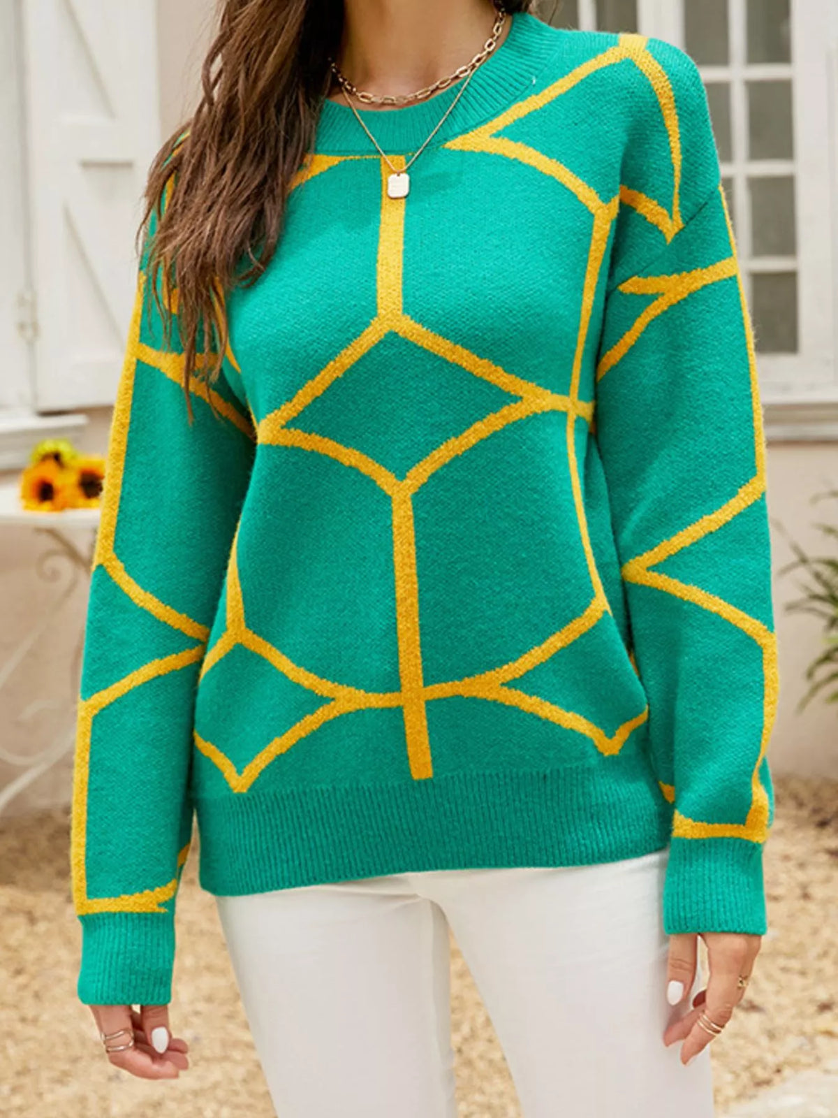 Geometric Pattern Crew Neck Sweater - Lilixa.store