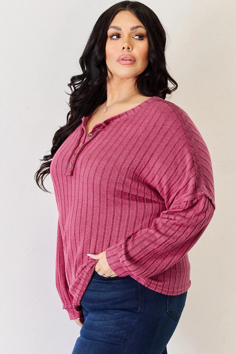 Basic Bae Full Size Ribbed Half Button Long Sleeve High-Low T-Shirt - Lilixa.store