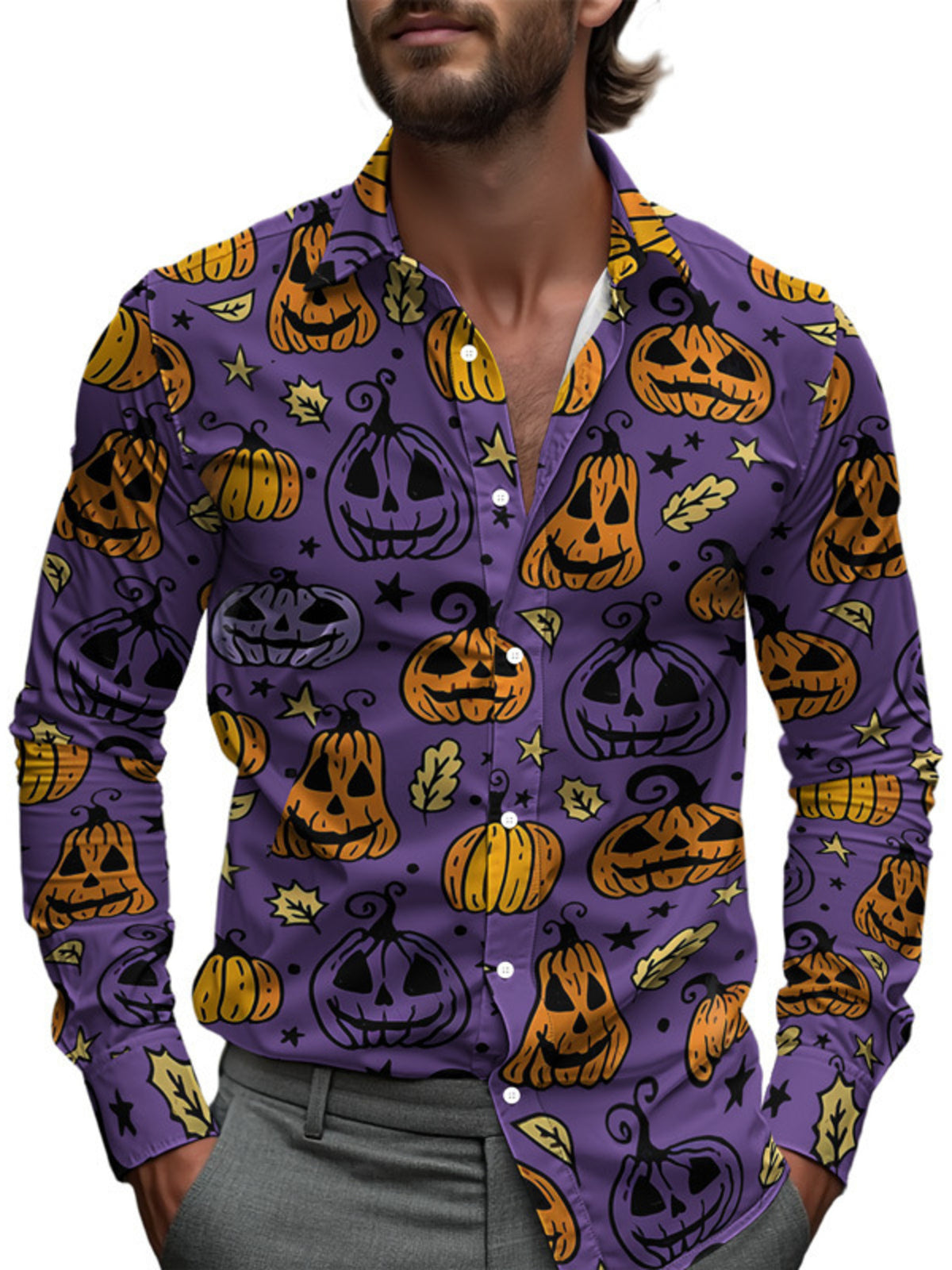 Men's Full Size Halloween Print Long Sleeve Button-Down Shirt Plus Size