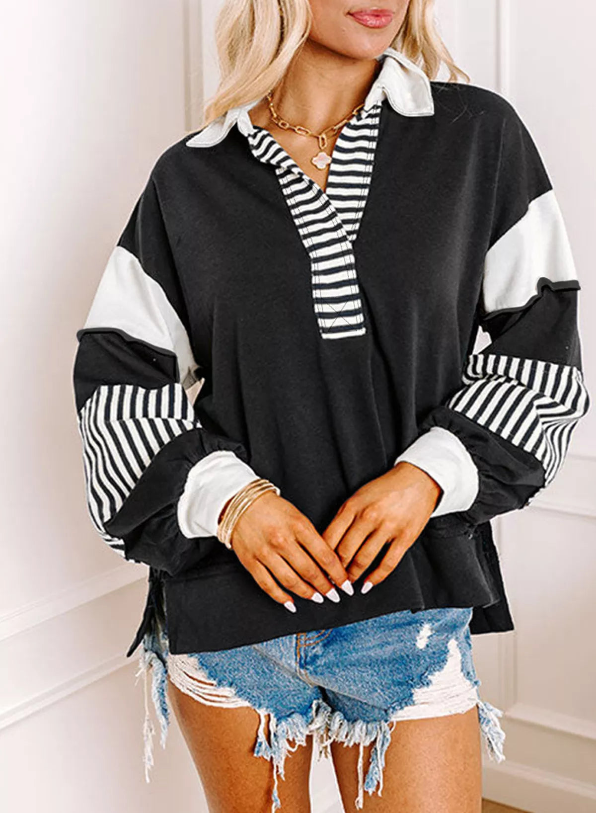 Color Block Striped Johnny Collar Sweatshirt - Lilixa.store