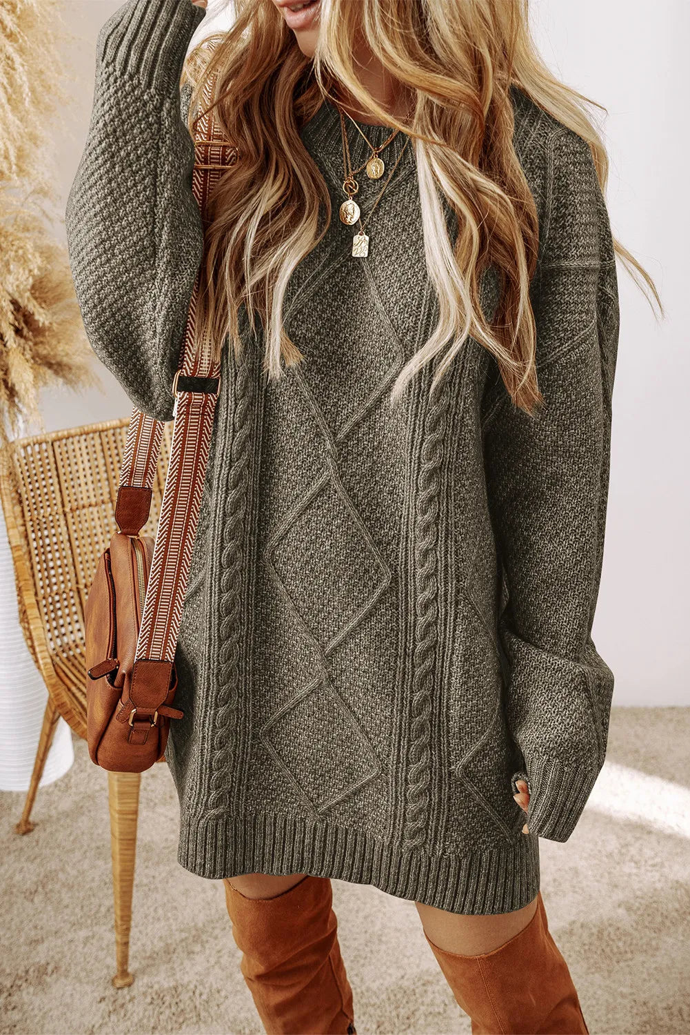 Cable-Knit Round Neck Sweater Dress in Sage