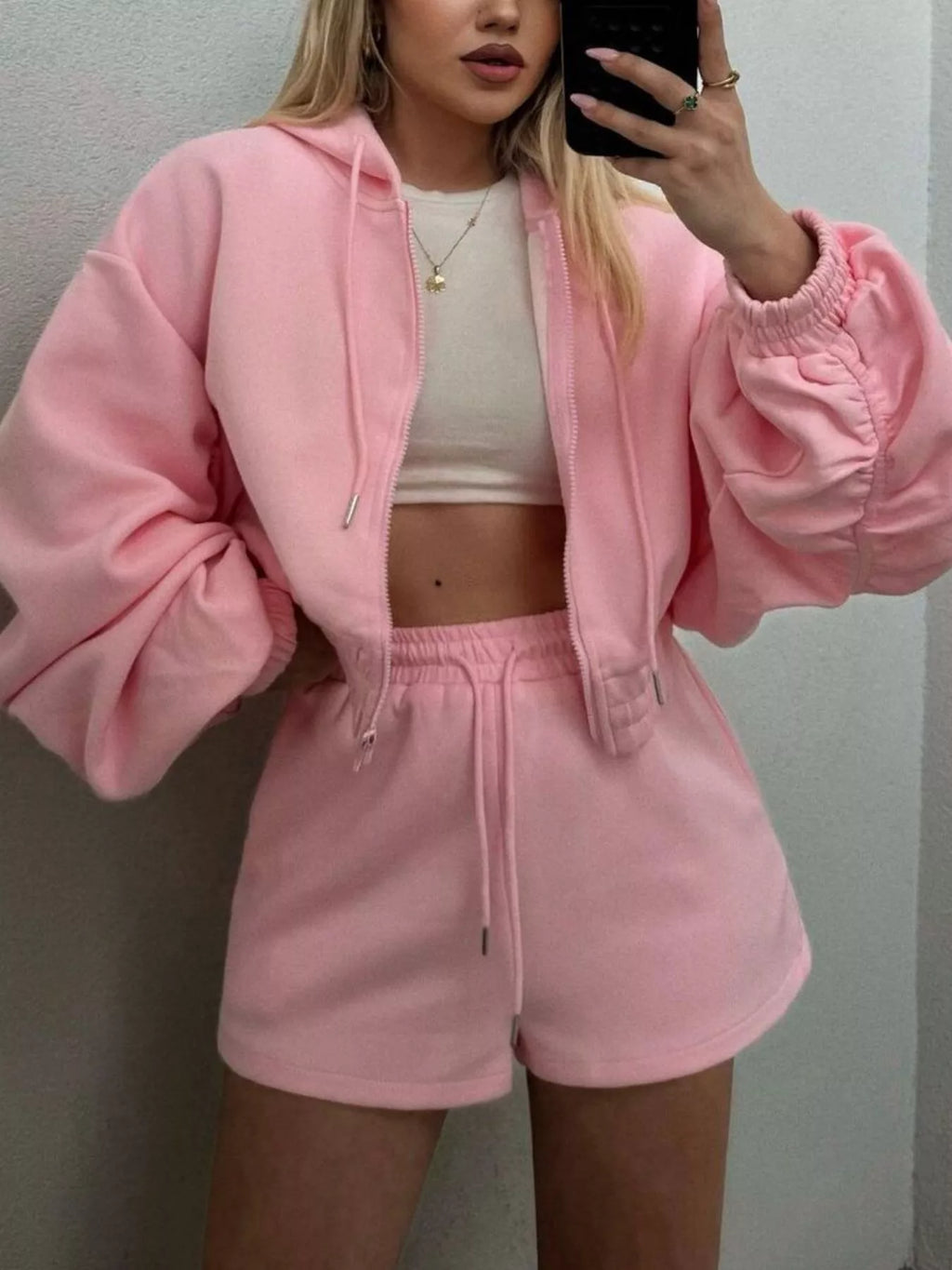 Zip-Up Jacket and High-Waisted Drawstring Shorts Set - Lilixa.store