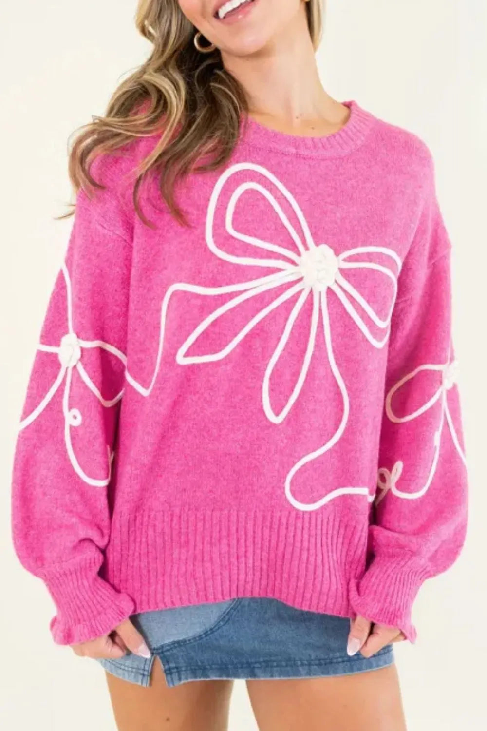 Bow Round Neck Dropped Shoulder Sweater - Lilixa.store
