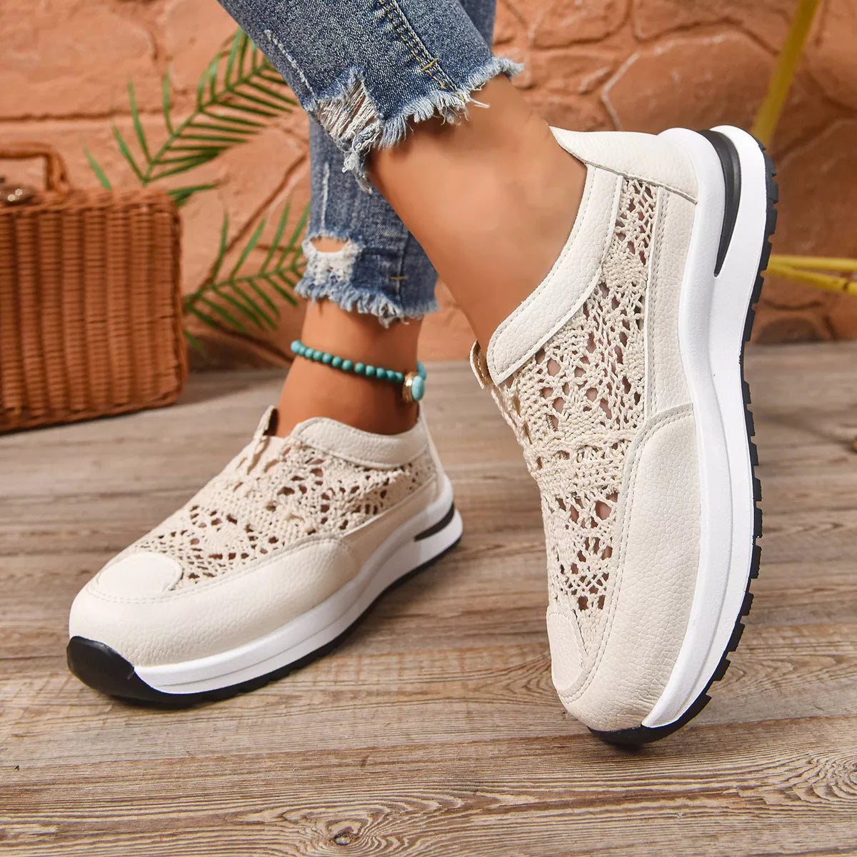 Breathable Round Toe Slip-Ons in Beige
