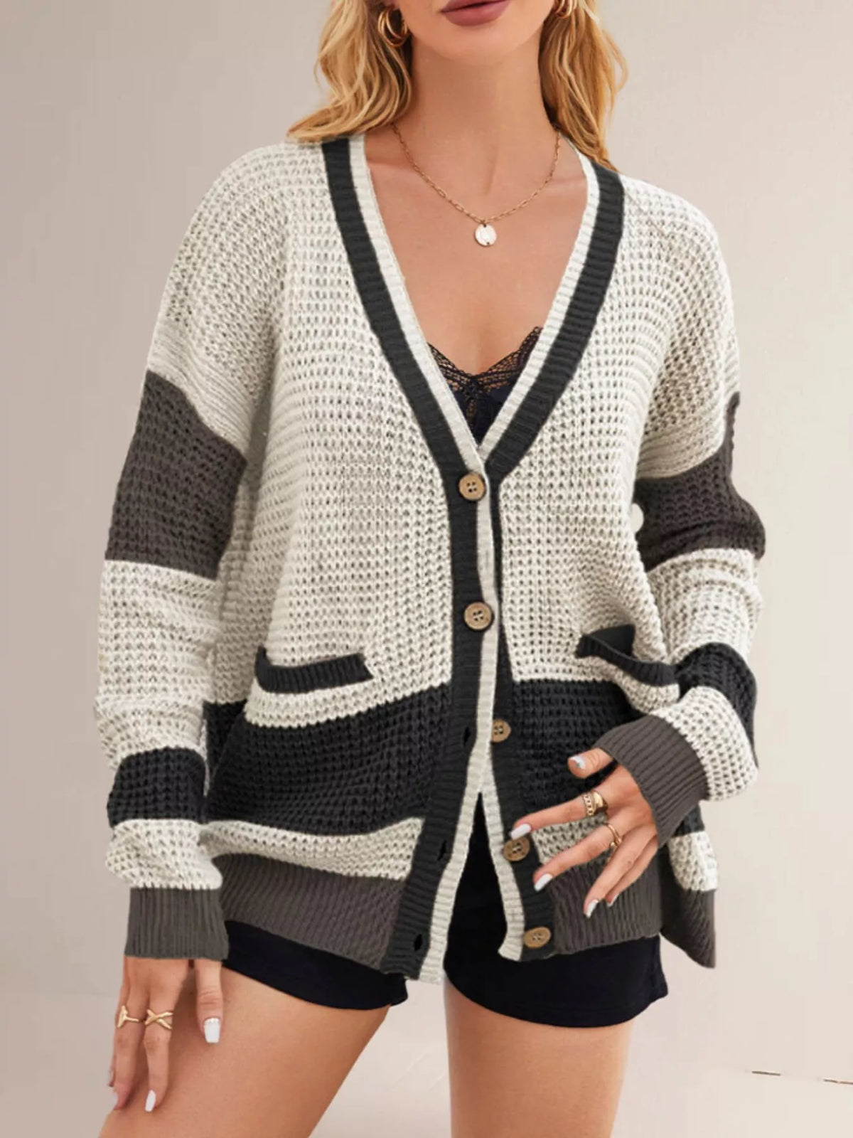 Color Block V-Neck Cardigan - Lilixa.store