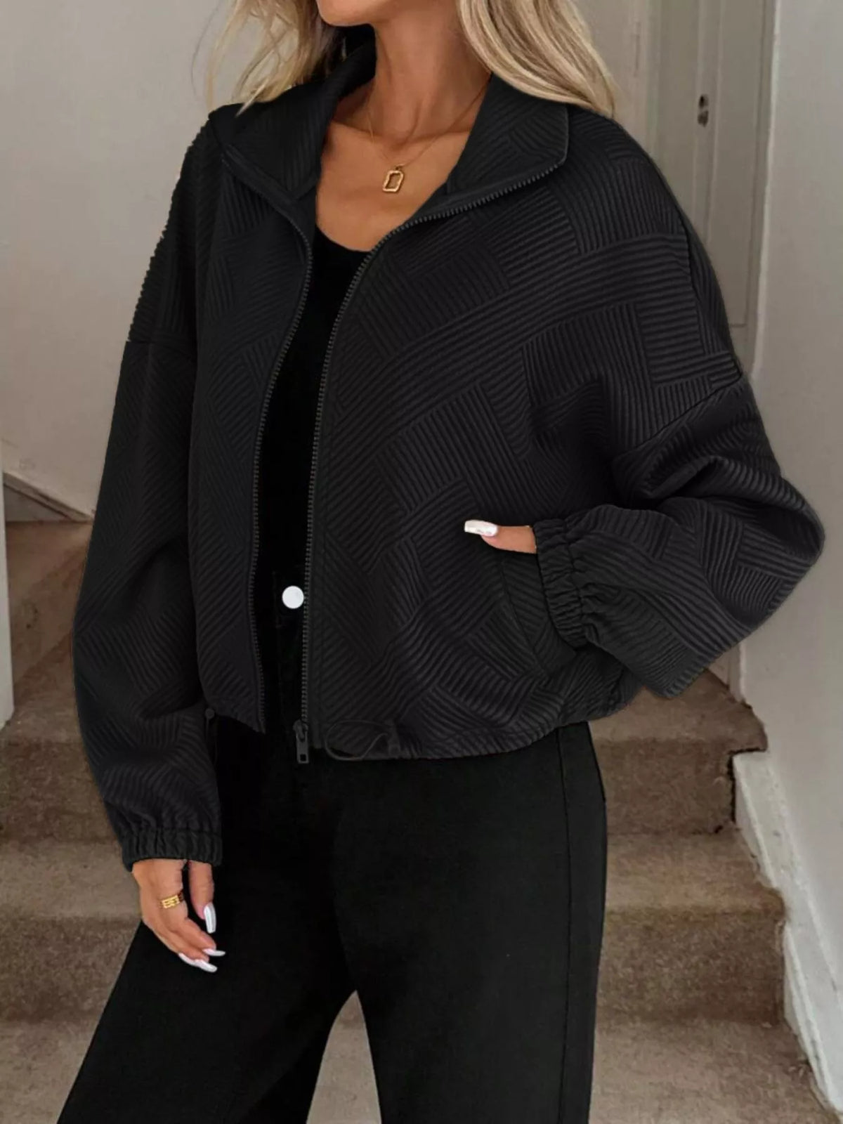 Textured Zip-Up Drawstring Hem Jacket, view 6