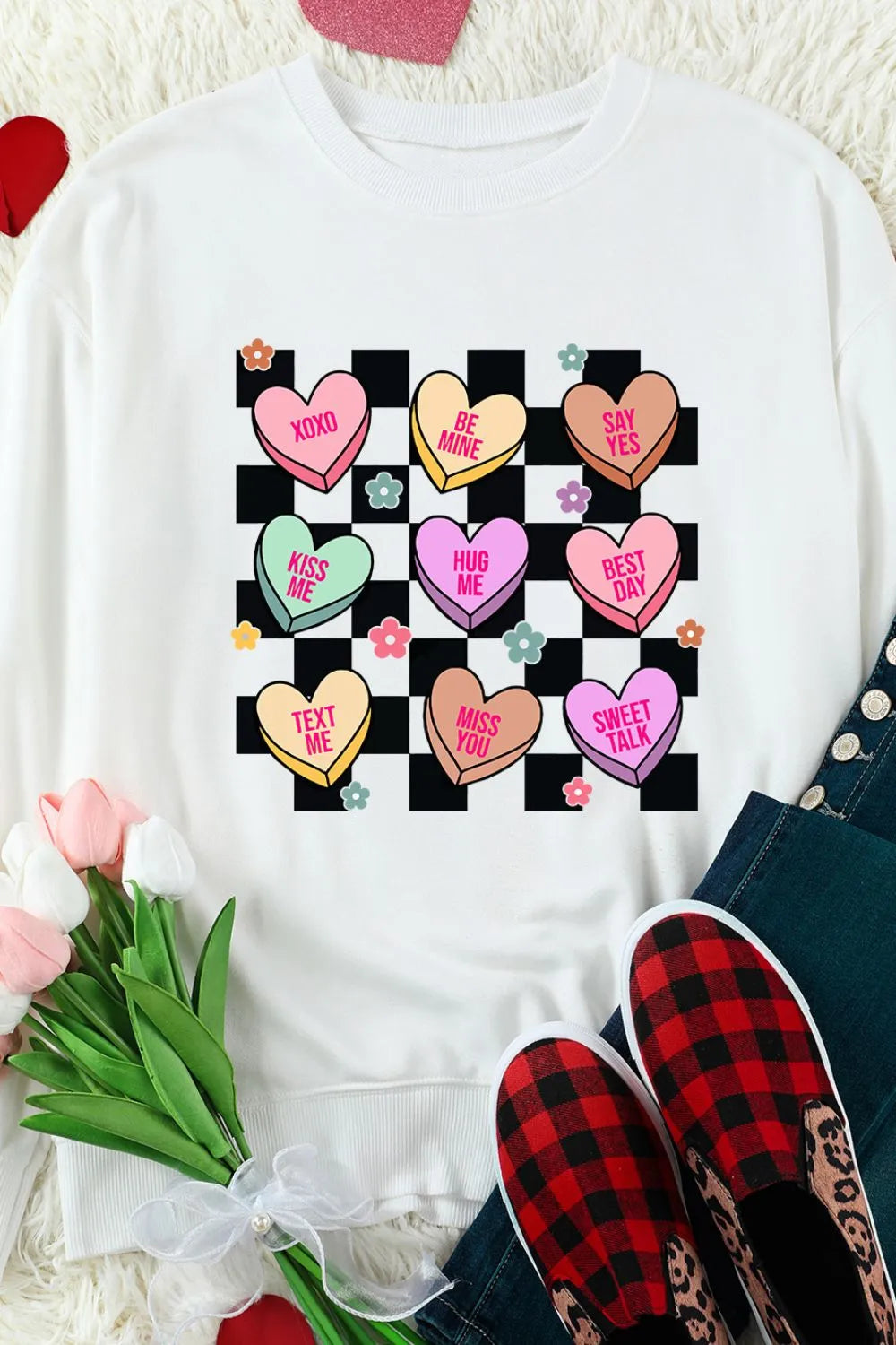 Valentine's Day Checkered Heart Long Sleeve Sweatshirt - Lilixa.store