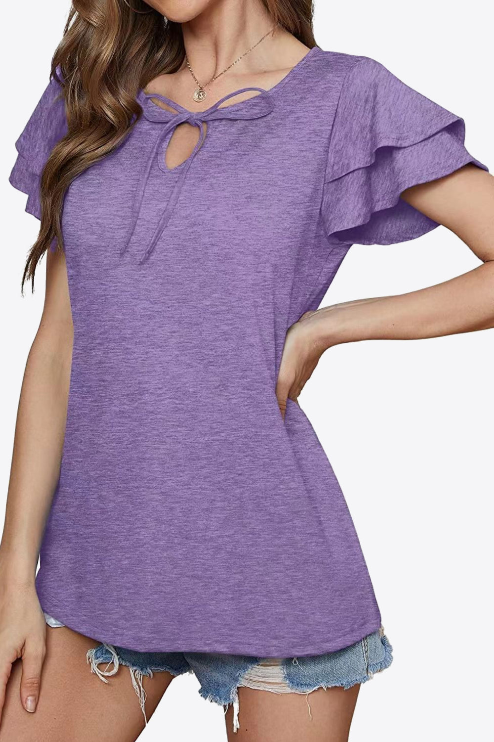 Tie-Neck Layered Flutter Sleeve Blouse - Lilixa.store