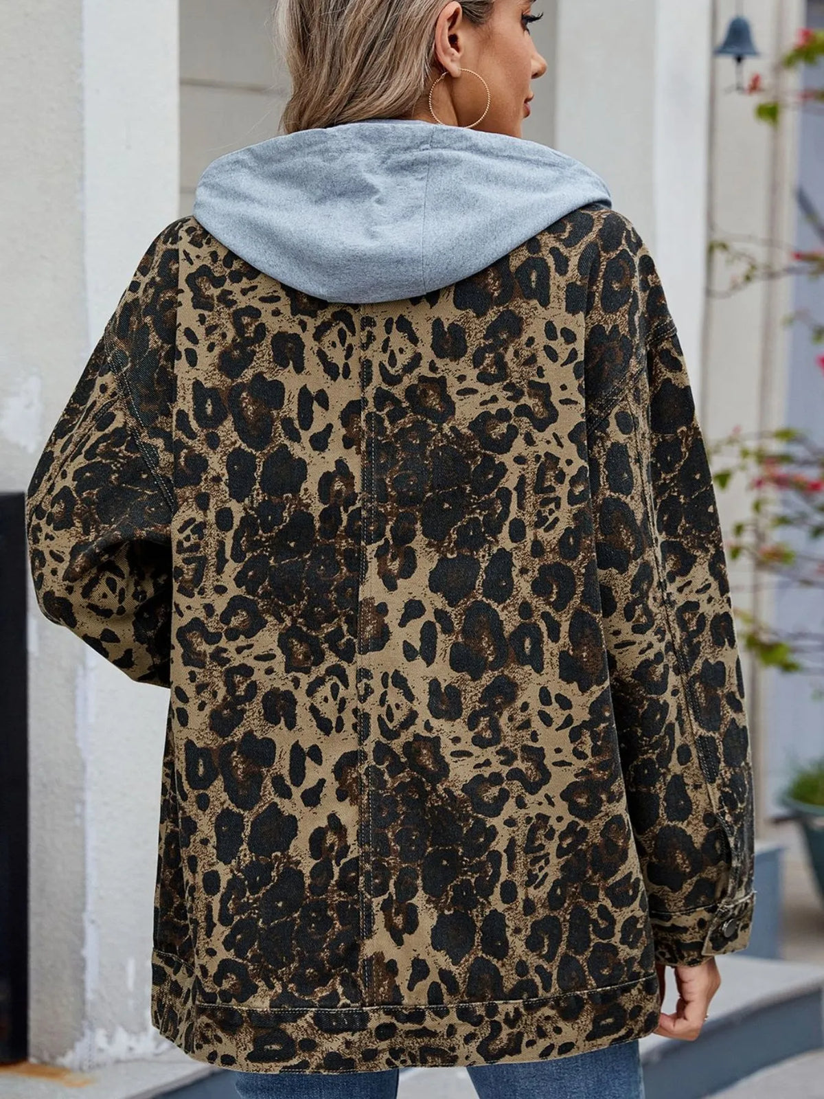 Oversized Button Up Denim Jacket with Hood, view 15