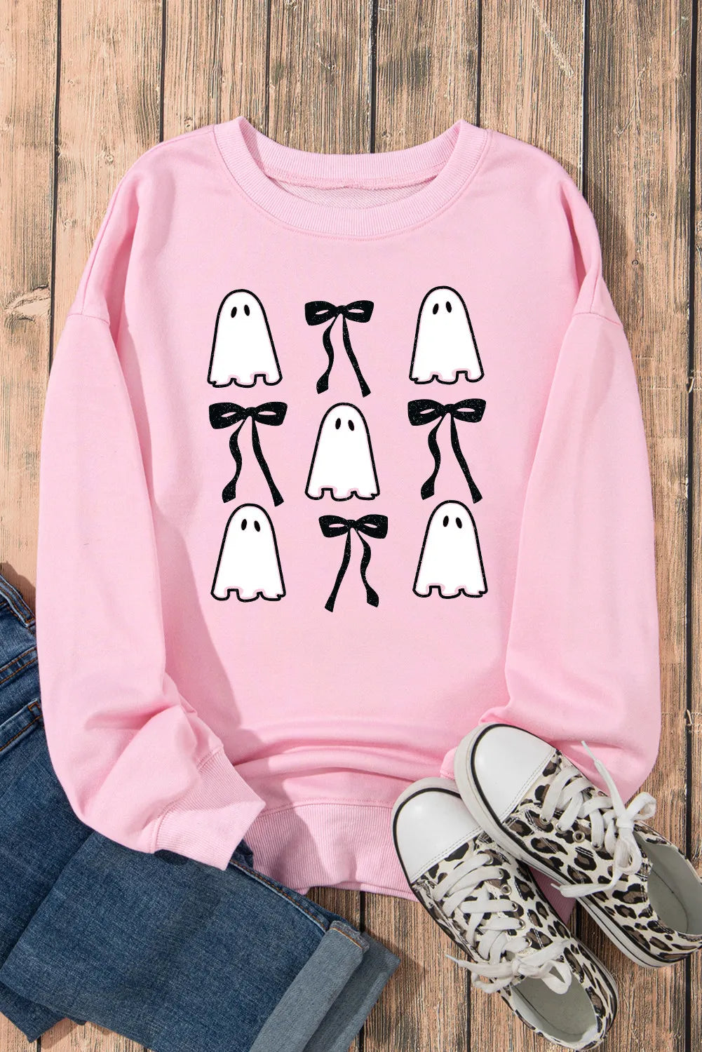 Ghost & Bow Round Neck Long Sleeve Sweatshirt - Lilixa.store