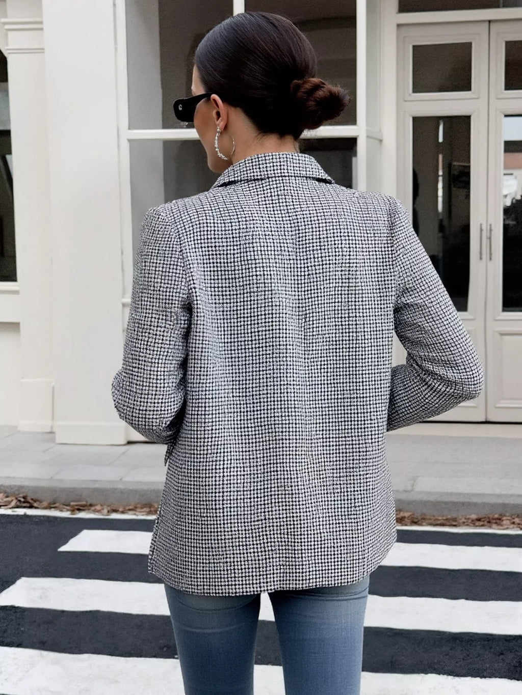 Houndstooth Patterned Double-Breasted Blazer - Lilixa.store