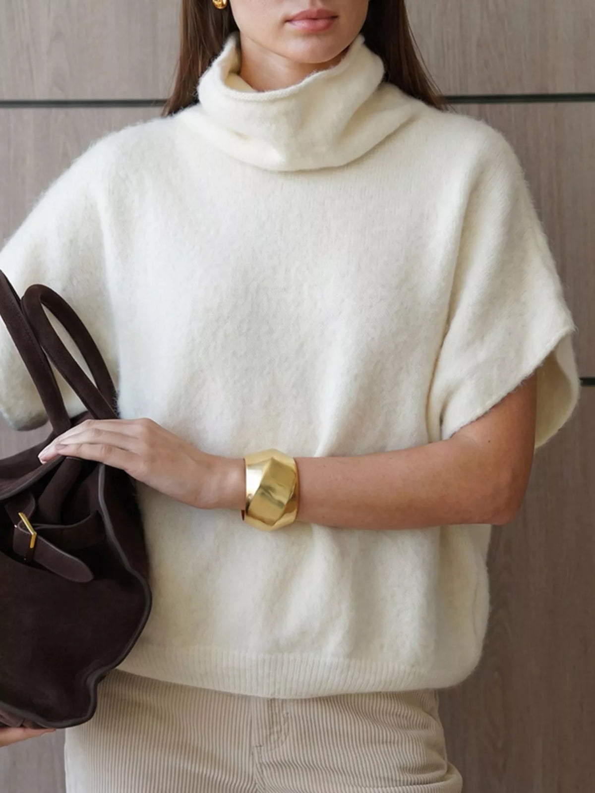 Turtleneck Fuzzy Short Sleeve Sweater