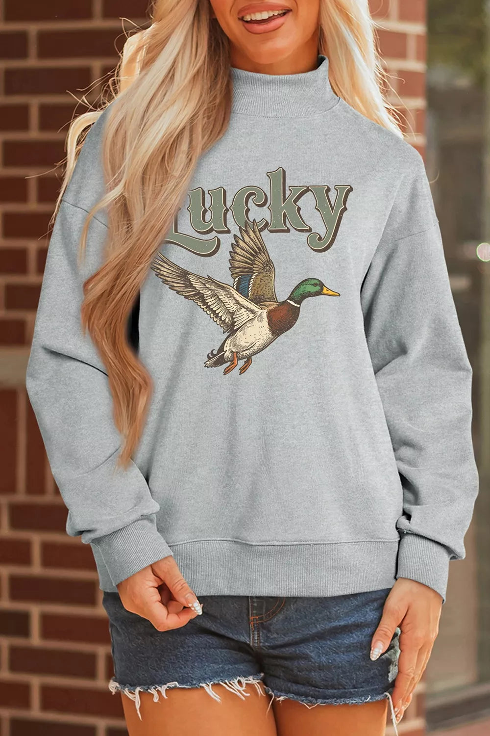 Lucky Mallard Graphic Mock Neck Casual Sweatshirt in Gray, view 5