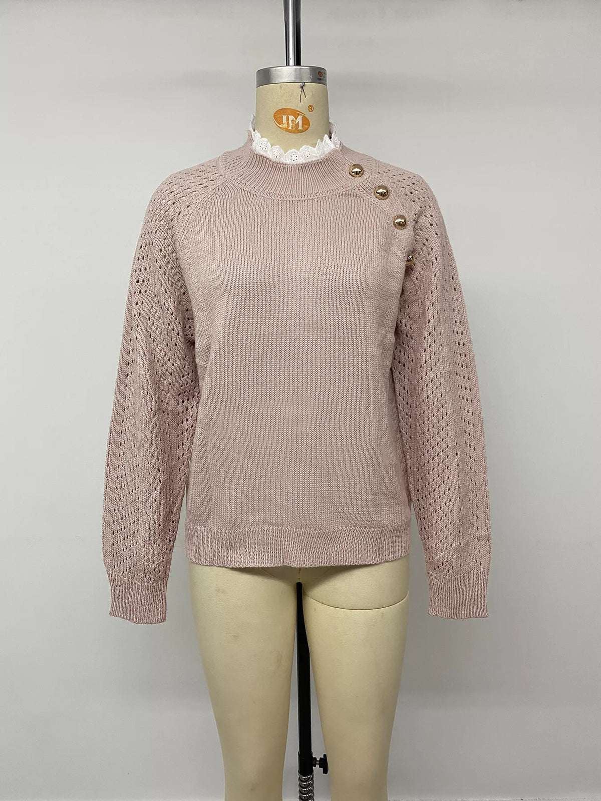 Openwork Mock Neck Sweater in Pink, view 11