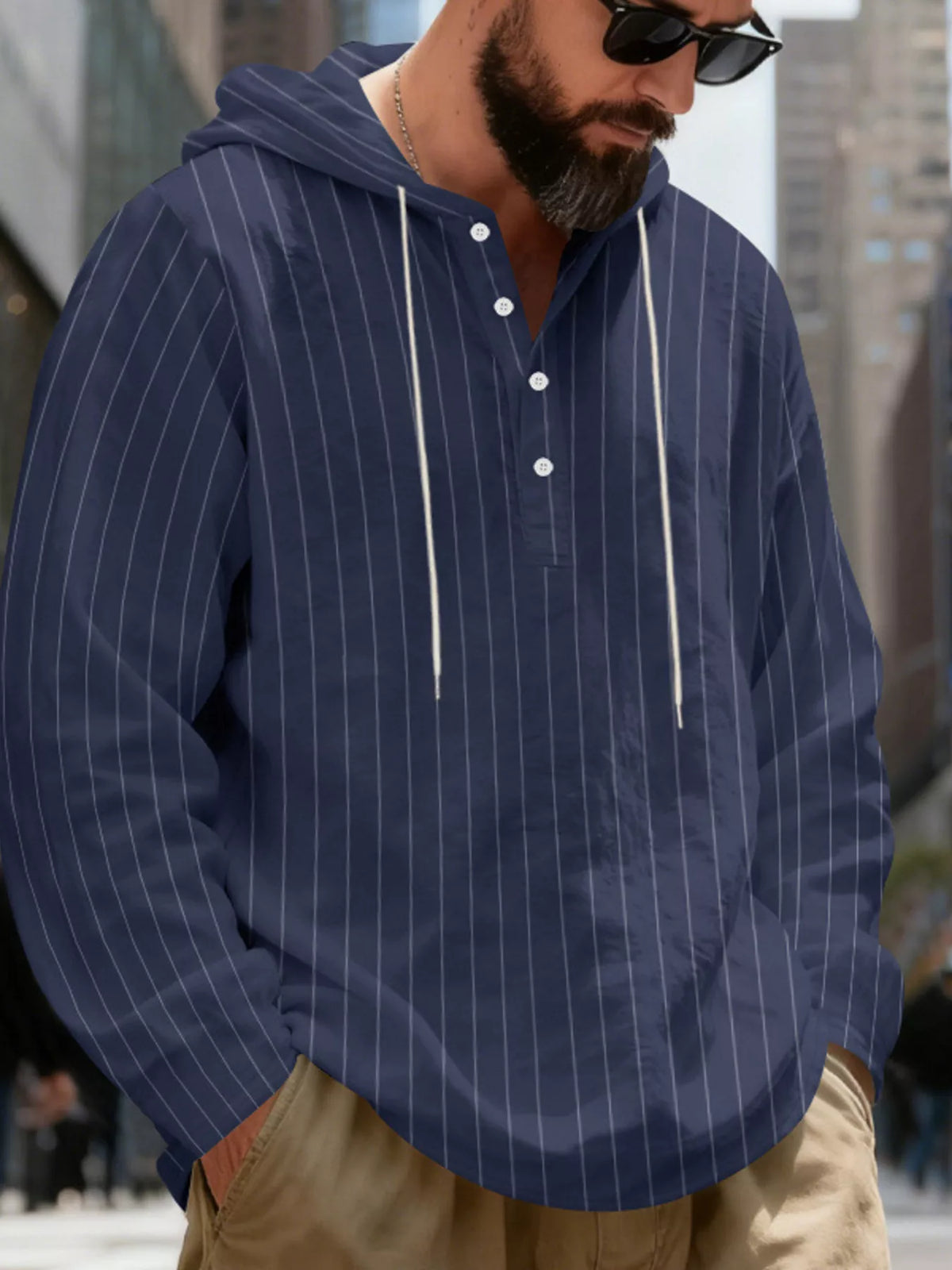 Men's Full Size Casual Striped Henley Hoodie with Drawstring Plus Size, view 16