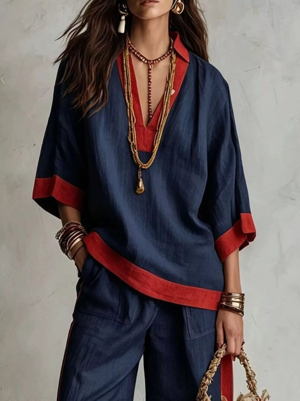 Full Size Contrast Trim Top and Wide Leg Pants Set Plus Size